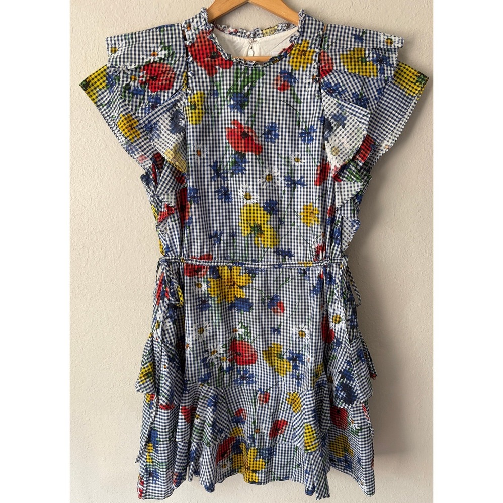 Pearl by Lela Rose Womens Floral Gingham Ruffle Tiered Mini Dress Size 6 Cottage